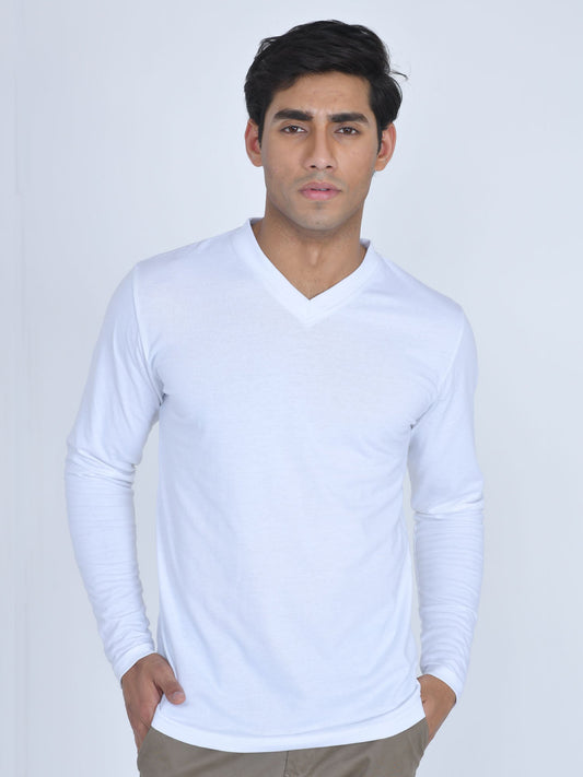 V-Neck Full Sleeve T-Shirt White